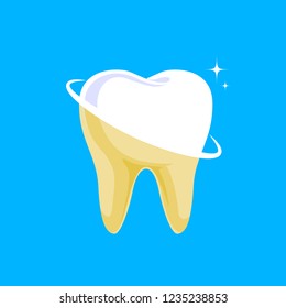Tooth before and after. Yellow becomes white, Dental care concept,  illustration isolated on blue background.