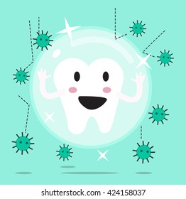 A tooth being protected from decay or bacteria by barrier protection. flat character design vector illustration