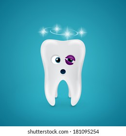 Tooth with a black eye and dizziness on blue background