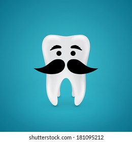 tooth with black mustache and eyebrows on blue background