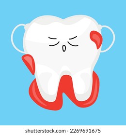Tooth in bleeding gum on light blue background