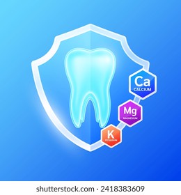 Diente en vidrio azul blindado con minerales calcio magnesio potasio. Los nutrientes esenciales para los dientes sanos previenen el deterioro y la gingivitis. Tratamiento oral. Conceptos de dentista sanitario. Vector.