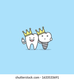 Tooth boy and Tooth implantation wearing a crown illustration cartoon character vector design on blue background. Dental concept.