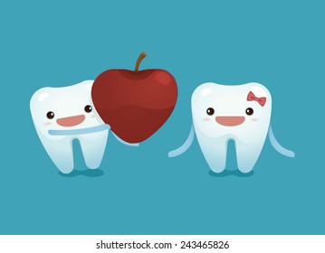 Tooth boy provide a heart apple for tooth girl on valentine's day