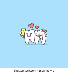 Tooth boy take a photo with tooth girl together by cell phone with love illustration character vector design on blue background. Dental concept.