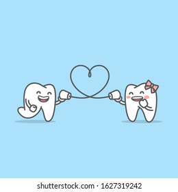 Tooth boy talk with tooth girl together by can phone and string shape like a heart illustration character vector design on blue background. Dental concept.