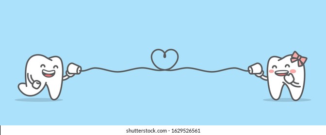 Tooth boy talk with tooth girl together by can phone and string shape like a small heart illustration character vector design on blue background. Dental concept.