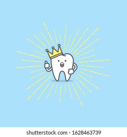 Tooth boy wearing a crown on light radius line illustration character vector design on blue background. Dental concept.