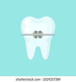 Tooth with a brace, cute colorful vector icon illustration. Cartoon flat isolated image