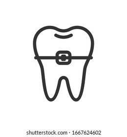 Tooth with a brace, cute vector icon illustration. Line style isolated image