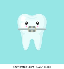 Tooth with a brace with emotional face, cute colorful vector icon illustration. Cartoon flat isolated image