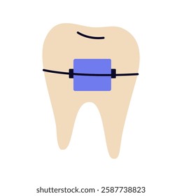 Tooth with brace and wire icon. Vector symbol for orthodontic care and dental alignment. Teeth straightening and oral health, dentistry treatment. Jaw and bite correction accessory. Mouth bracket.