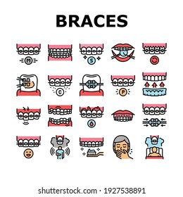 Colección De Iconos De La Colección De Accesorios Colocación De Perros. Instalación Y Corrección De Correas Didentales, Metal Y Zafiro, Concepto De Material Cerámico Y Plástico Pictogramas Lineales. Ilustraciones de color de contorno