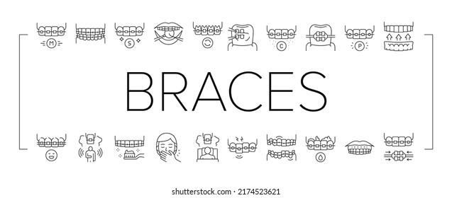 Tooth Braces Accessory Collection Icons Set Vector. Tooth Braces Installation And Correction, Metal And Sapphire, Ceramic And Plastic Material Black Contour Illustrations