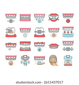 Tooth Braces Accessory Collection Icons Set Vector. Tooth Braces Installation And Correction, Metal And Sapphire, Ceramic And Plastic Material Concept Linear Pictograms. Contour Color Illustrations