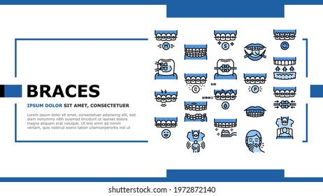 Tooth Braces Accessory Landing Web Page Header Banner Template Vector. Tooth Braces Installation And Correction, Metal And Sapphire, Ceramic And Plastic Material Illustration