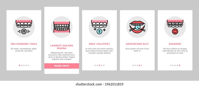 Vector de la pantalla de la aplicación móvil para accesorio de anclaje de dientes para accesorio. Instalación Y Corrección De Correas Didentales, Ilustraciones De Material Metálico Y Sapphire, Cerámico Y Plástico
