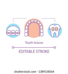 Tooth braces concept icon. Modern cosmetic dentistry. Misaligned jaw correction. Bite correction. Smile recovery idea thin line illustration. Vector isolated outline drawing. Editable stroke