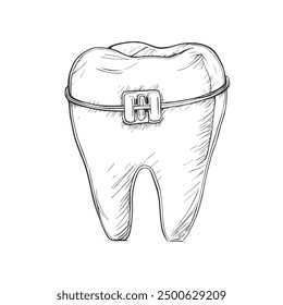 Tooth with Braces, Hand-Drawn Vector, Graphic Style, Cartoon Illustration, Black and White, Sketch Style, Isolated on White Background