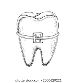 Tooth with Braces, Hand-Drawn Vector, Graphic Style, Cartoon Illustration, Black and White, Sketch Style, Isolated on White Background