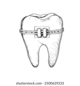 Tooth with Braces, Hand-Drawn Vector, Graphic Style, Cartoon Illustration, Black and White, Sketch Style, Isolated on White Background