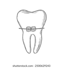 Tooth with Braces, Hand-Drawn Vector, Graphic Style, Cartoon Illustration, Black and White, Sketch Style, Isolated on White Background