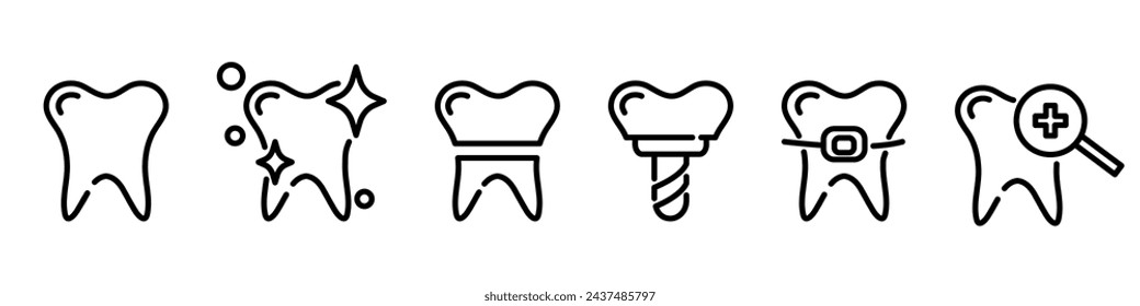 Symbol für Zahnspangen. Zahnärztliches Behandlungsset für Web und mobile App. Symbole für Zahnpflege. Zahnimplantat singen. Orales Diagnosesymbol. Symbol für Mundhygiene. Orthodontische Piktogramme.