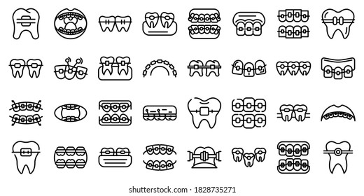 Tooth braces icons set. Outline set of tooth braces vector icons for web design isolated on white background