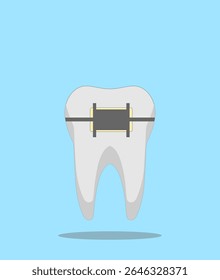 Diente con brackets sobre un fondo azul,