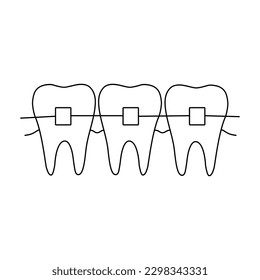 Tooth braces outline doodle icon. Dentistry, stomatology and dental care concept. Vector hand drawn sketch isolated on white background. Three teeth with braces