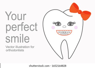Tooth and braces are smiling. Vector illustration of a cute tooth girl bow. Frame for correcting teeth. Your perfect smile. Use poster card postcard for dentists and orthodontist