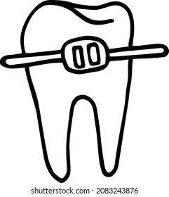 Tooth in bracket. Hand-drawn doodle isolate. Black and white vector illustration.