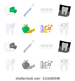 A tooth with brilliant sparkling, an apple with carrots useful for teeth, milk in a box, cheese and a sign of calcium, a smiling tooth. Dental care set collection icons in cartoon,monochrome style