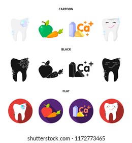 A tooth with brilliant sparkling, an apple with carrots useful for teeth, milk in a box, cheese and a sign of calcium, a smiling tooth. Dental care set collection icons in cartoon,black,flat style