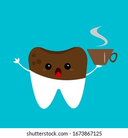 tooth with brown coffee coating cartoon character holding a cup in his hands an object on a blue background health and hygiene concept