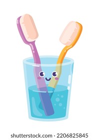 Tooth brush icon. Glass with pink and yellow toothbrush, oral care equipment. Medicine and health banner. Social network sticker, cute character for children. Cartoon flat vector illustration