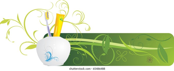 Tooth brush and paste. Decorative banner. Vector