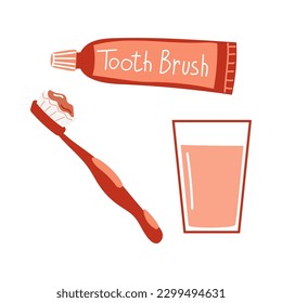 Pincel dental y pasta dental con vaso de agua. Los dientes se preparan para los niños. Ilustración dibujada a mano por vectores.