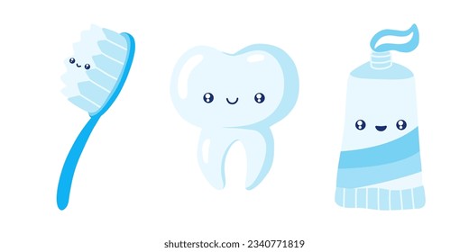 Tooth and brushbrush. Cute tooth cartoon character. Toothbrushing. Toothpaste cleaning. Healthy happy tooth. Stomalogical dentist character. Stock vector illustration isolated on a white background.