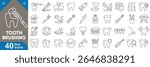 Tooth brushing line icons set. Toothbrush, toothpaste, brushing teeth, dental floss, mouthwash, toothbrush cup, tooth, sparkling tooth, manual brush and more. Vector illustration.