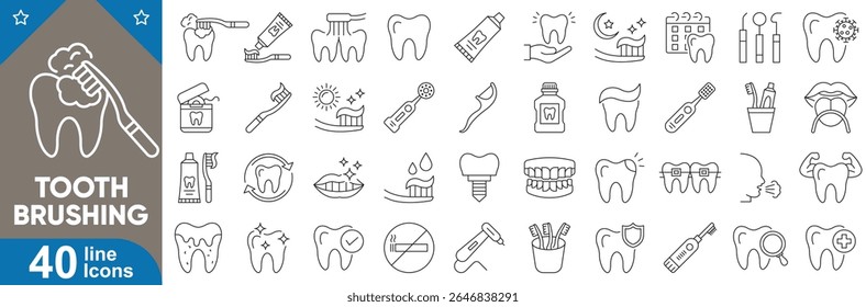 Definição dos ícones da linha de escovação dentária. Escova de dentes, pasta de dentes, escovação de dentes, fio dental, enxaguante bucal, copo de escova de dentes, dente, espumante, escova manual e muito mais. Ilustração vetorial.