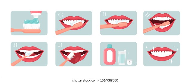 Tooth brushing steps illustrations set. Proper oral care. Toothpaste and rinse using concept. Dental clinic informative banner, poster design elements. Beautiful smile flat vector icons pack.