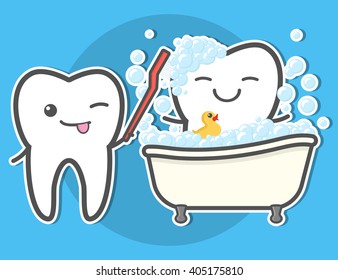 Tooth brushing toth in the bath. Teeth hygiene concept.  Dental vector illustration.