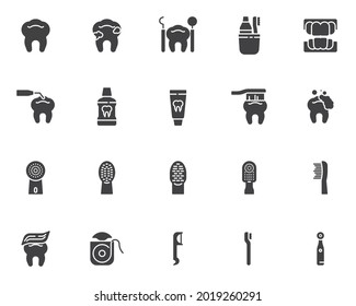 Tooth brushing vector icons set, modern solid symbol collection, filled style pictogram pack. Signs, logo illustration. Set includes icons as electric toothbrush, toothpaste, dental floss, dentures