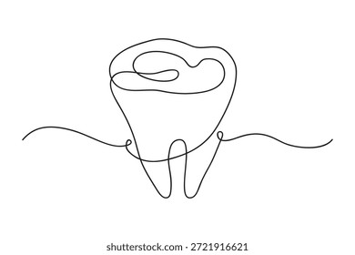 Dente por uma linha desenhada. Esboço molar. Estomatologia. Ilustração vetorial de contorno sobre um tópico médico.
