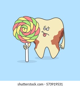 Tooth with a candy and decay or caries. Teeth discoloration. Dental care icon. Cartoon tooth. Bad food for your teeth.  