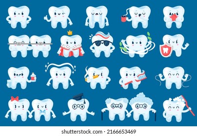 Tooth care character. Cute cartoon teeth with happy faces for dental health posters and banners. Vector funny tooth mascot with toothbrush and dental floss isolated set. Dental hygiene and treatment