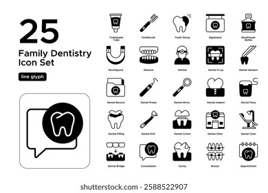 Tooth Care and Dentist Services. Dental Hygiene, Checkup Appointments, and Smile Care. Vector Illustration. Solid line icon set