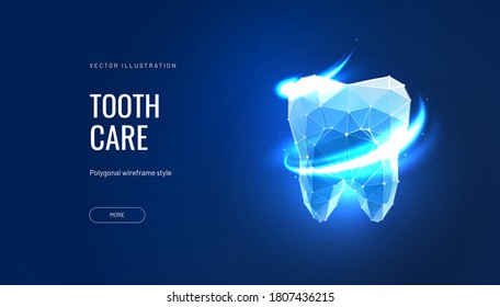 Tooth care futuristic vector illustration in polygonal style. Tooth enamel cleaning or dental whitening. Dental oral hygiene isolated on blue background