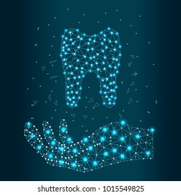 Tooth care illustration of human hand caring of healthy teeth, consisting of polygons, dots and lines, isolated on dark background. Low poly design, wireframe concept.